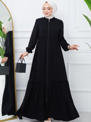 Siyah Parçalı Kolu Lastikli Boydan Fermuarlı Ferace