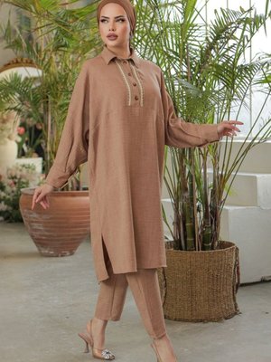 Vizon Düğmeli Dantel İşlemeli Salaş Keten Tunik