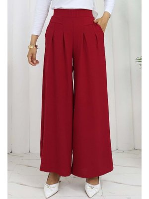 Bordo Geniş Paça Pileli Pantolon
