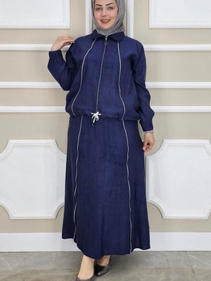 Lacivert Biyeli Fermuarlı İkili Takım