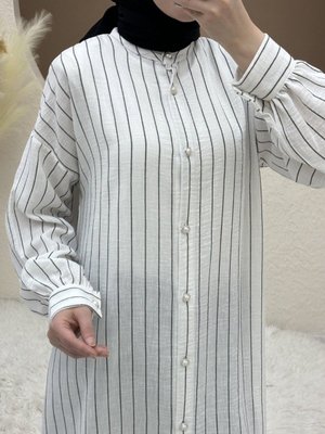 Beyaz Top Düğmeli Bağcıklı Çizgili Uzun Tunik
