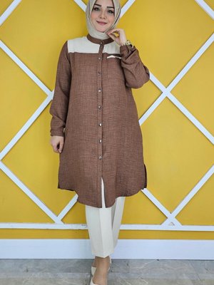 Kahverengi Dik Yaka Taş Detaylı Gömlek