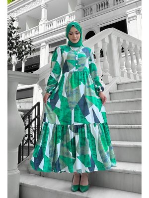 Yeşil Alya Desenli Viskon Elbise