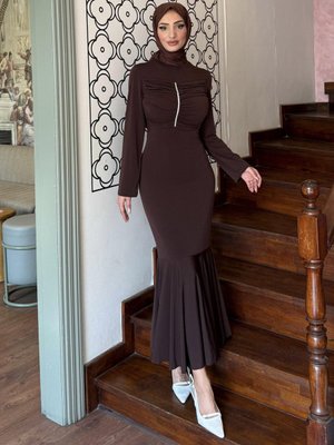 Kahverengi Erva Taşlı Kahve Abiye Elbise Kahverengi Erva Taşlı Kahve Abiye Elbise