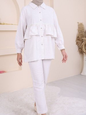 Taş Beli Fırfır Detaylı İkili Keten Takım