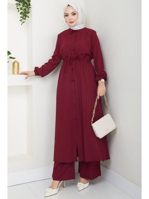 Uzun Tunikli Pantolonlu Kaş Bordo Takım