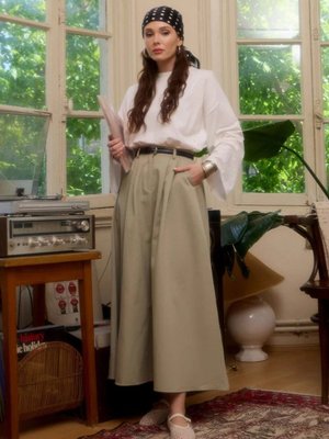 Küf Yeşili Ekru Keten Tek Düğmeli Etek & Body Takım