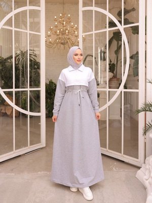 Gri Ankanoor Garnili Iki İplik Pamuklu Elbise Gri Ankanoor Garnili Iki İplik Pamuklu Elbise