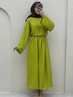 Fıstık Yeşili Bisiklet Yaka Bluz Etek Keten İkili Takım