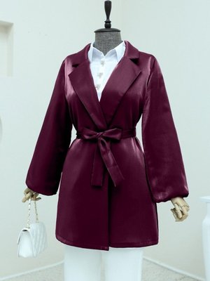 Bordo Kolları Volanlı Bağcıklı Saten Ceket