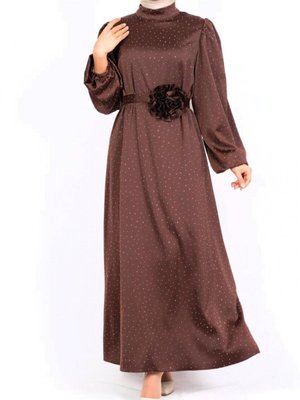 Kahve Balon Kol Kemerli Taşlı Saten Abiye Elbise
