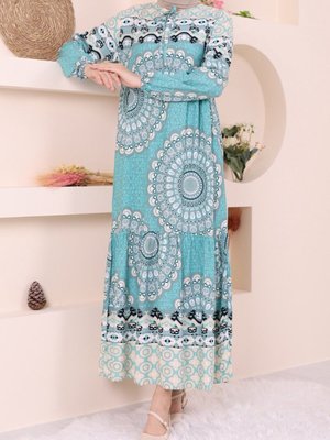 Mint Parçalı Deseli Bağcıklı Kolu Lastikli Elbise