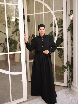 Siyah Ankanoor Önlüklü Medine İpeği Abiye Elbise