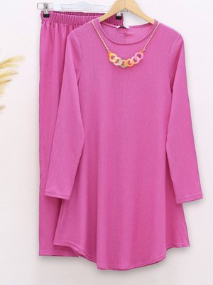 Fuşya Yuvarlak Yaka Kolyeli Salaş Krinkıl İkili Takım