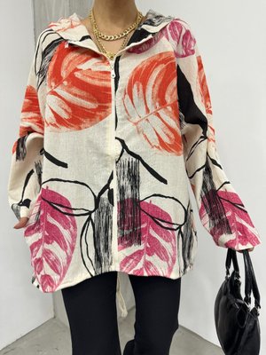 Turuncu Desenli Fermuarlı Sabit Kapüşonlu Keten Ceket