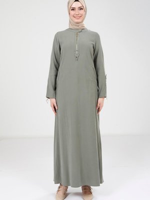 Kolu Fermuar Detaylı Yeşil Elbise 9384