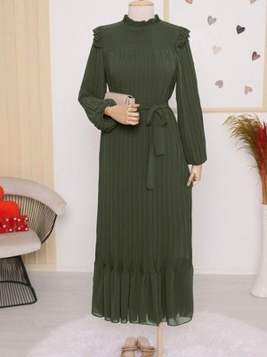 Haki Beli Bağlamalı Kolu Lastikli Eteği Parçalı Şifon Elbise