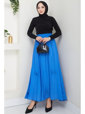 Fiyonk Detay Beli Lastikli Saks Mavisi Etek Fiyonk Detay Beli Lastikli Saks Mavisi Etek