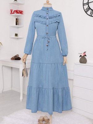 Mavi Yarım Düğmeli Önü Fırfırlı Parçalı Kot Elbise