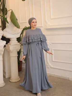 Gri Ankanoor Çift Fırfırlı Salaş Elbise