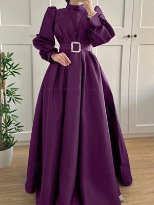 Mürdüm Kemerli Tafta Prenses Abiye Elbise