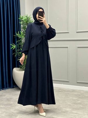 Lacivert Önden Kurdale Bağlamalı İnce Modal Kumaş Elbise