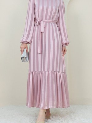 Pudra Hakim Yaka Eteği Büzgülü Astarlı Elbise