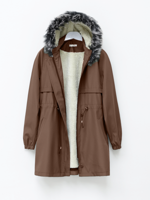 Taba Kürklü Çıkma Kapüşonlu Bağcıklı Bondit Kaban