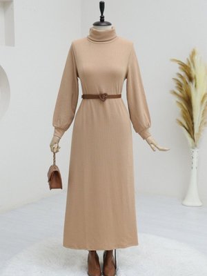 Vizon Boğazlı Fitilli Elbise