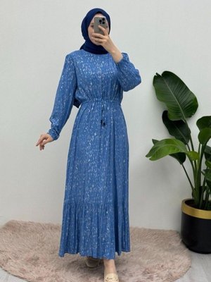 Mavi Kırçıllı Belden Büzgülü Elbise