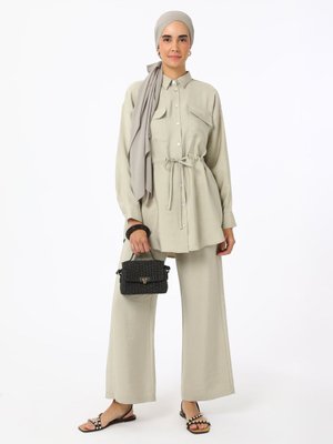 Krem Belden Bağlamalı Modal Tunik Pantolon İkili Takım