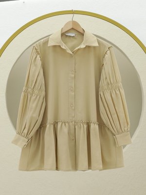 Açık Vizon Koldan Büzgülü Fırfır Detaylı Gömlek