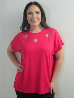 Fuşya Omuzu Taş Baskılı Bisiklet Yaka Yarasa Kol B.b. Bluz