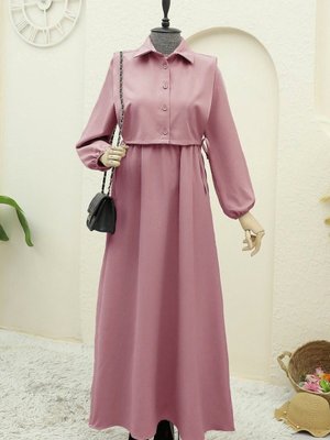 Pudra Üstü Detaylı Takım Gömlek Elbise