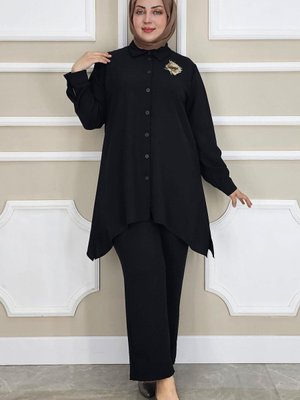 Siyah Broş Detaylı İkili Takım