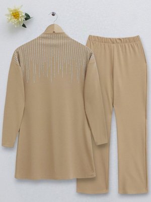 Vizon Hakim Yaka Önü Taş Detaylı Pantolonlu İkili Takım