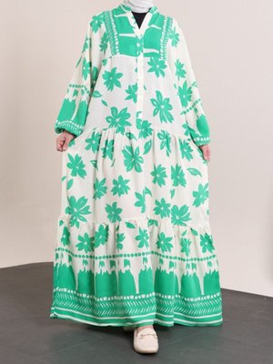 Yeşil Yarım Düğmeli Kolu Lastikli Desenli Elbise