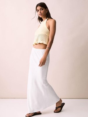 Kırık Beyaz Uzun Fiyonklu Keten Etek