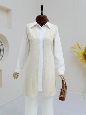 Taş Ajurlu Ponponlu Araboy Triko Yelek