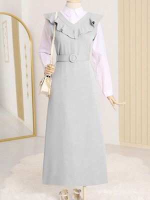 Gri Yakası V Kemerli Uzun Jile Elbise