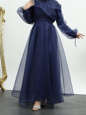 Lacivert Kolu Bağcıklı Hakim Yaka Simli Tül Abiye Elbise