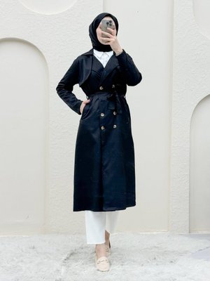 Siyah Çift Düğmeli Şal Omuz Belden Bağlamalı Trençkot