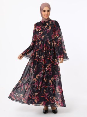 Çiçek Şifon Elbise Siyah Pembe Desenli