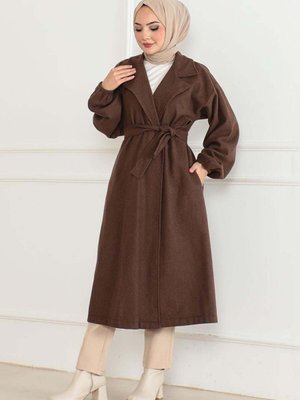 Kahverengi Kruvaze Yakalı Kaşe Kaban