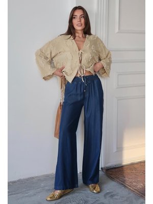 Koyu Mavi Beli Bağcıklı Rahat Kesim Liyosel Pantolon