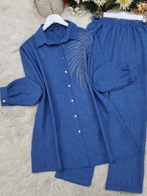 İndigo Boncuk İşlemeli Düğmeli İkili Keten Takım