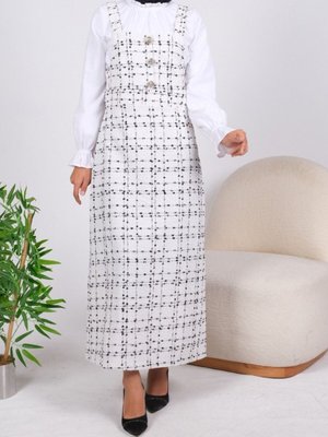 Ekru Beli Korsajlı Önü Düğme Detaylı Salopet Ekru Beli Korsajlı Önü Düğme Detaylı Salopet