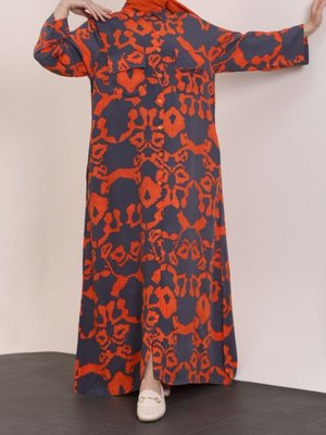 Füme Boydan Düğmeli Çift Cepli Polo Yaka Viskon Elbise