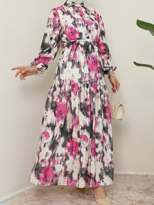 Fuşya Batik Baskılı Kemerli Parçalı Keten Elbise Fuşya Batik Baskılı Kemerli Parçalı Keten Elbise