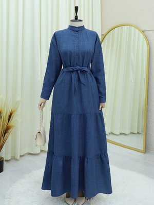 İndigo Yarım Düğmeli Dik Yaka Beli Bağlamalı Keten Elbise